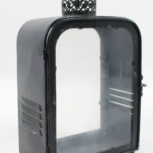 NAVY BLUE PAINTED TIN AND GLASS LANTERN.