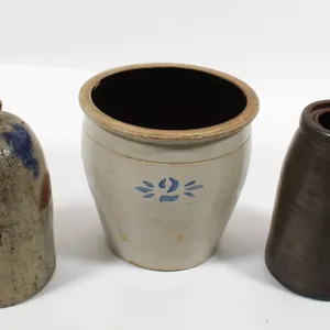 STONEWARE JUG, CROCK, AND CANNING JAR.