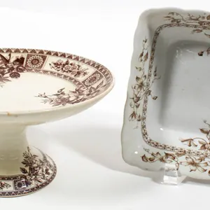 BROWN AND WHITE TRANSFERWARE COMPOTE AND SERVING BOWL.