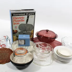 KITCHEN ITEMS INCLUDING ELECTRIC PIZZELLE IRON.