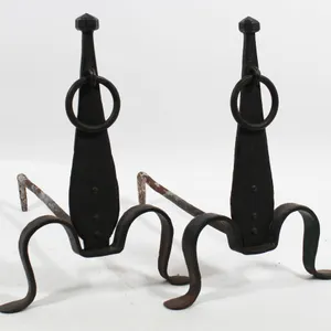 CAST IRON ANDIRONS WITH RINGS 19.5" H.
