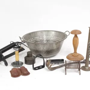 TIN, CAST IRON, WOOD ITEMS.