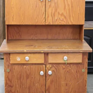 WOOD CABINET WITH UPPER AND LOWER STORAGE.