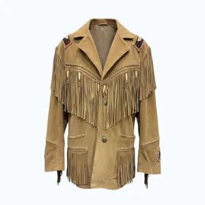 Vintage 3B West Tan Suede Fringe Jacket with Beaded Accents, Size Small