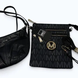 Two Black Crossbody Bags by Coach and MKF with Gold-Tone Accents