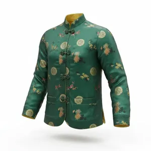 Traditional Green Satin Jacket with Embroidered Floral and Circular Motifs