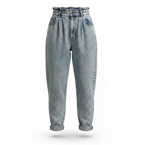 High-Waisted Acid Wash Denim Jeans with Striped Trim Cuffs
