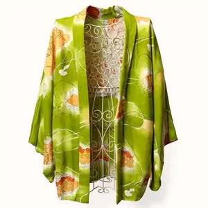 Silk Japanese Kimono in Green, Orange, and White with Cloud Motif