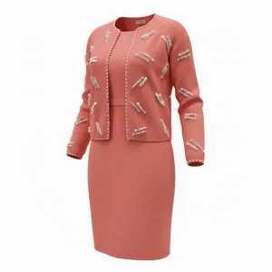 Pink Wool Skirt and Jacket Set with Sequin Embellishments