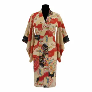 Vintage Silk Japanese Kimono with Floral and Abstract Patterns