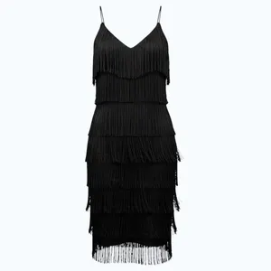 Black Fringed Sleeveless Shaker Dress with Spaghetti Straps