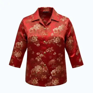 Red Floral Satin Jacket With Gold-Tone Buttons