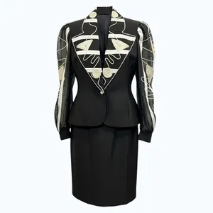 Vintage Women’s Black and White Embellished Jacket and Skirt Set, Size M