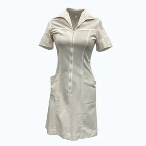 White Short-Sleeve Nurse's Dress With Front Zipper and Pockets