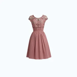 Vintage Pink Dress with Floral Lace Overlay and Gathered Waist