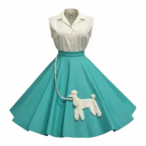 Turquoise Wool Poodle Skirt with White Blouse, 1950s Design