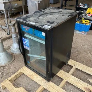 SINGLE DOOR BEVERAGE REFRIGERATOR & QTY OF (5) TOTES OF MISC ELECTRICAL/PLUMBING/CONSTRUCTION PARTS/