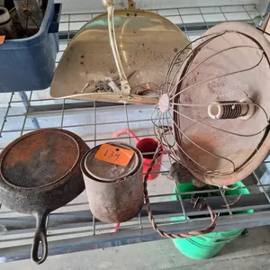 Vintage Lot Frying pan, heat lamp, can, wood holder