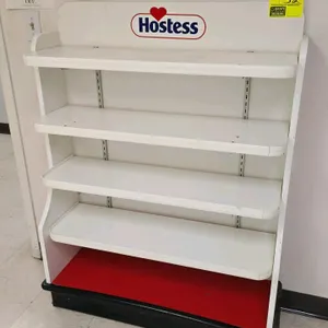 Hostess laminate merchandiser display rack. Features 4 adjustable shelves and a red base deck. 3'W.
