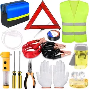 New Swpeet 13Pcs Car Roadside Emergency Kit, Safety Triangle Warning and Reflective Safety Vest, Jumper Cables, Tow Strap, Flashlight, Glove, Vehicle 
