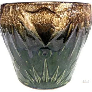 Niloak Pottery Art Deco Green Brown Drip Glaze Ceramic Planter 8.5" Tall USA Marked 1302 Crack in side, pitting throughout