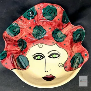 Dotti Potts Signed Freeform Face Art Bowl – 12" Ceramic Canadian Studio Pottery, Hand-Painted