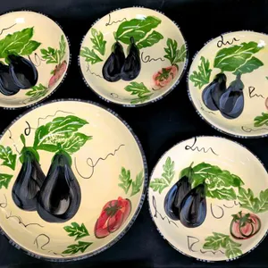 Certified International Portugal Hand-Painted Ceramic Serving Bowls Set, Eggplant & Tomato, 5-Piece In excellent condition, some discoloration, no