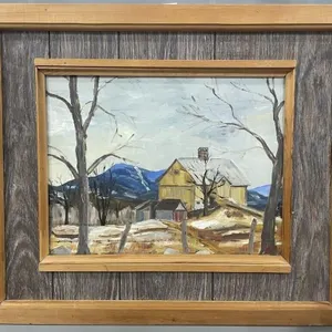 OIL ON BOARD 'YELLOW BARN' SIGNED INDISCERNIBLY