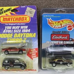 Two Carded Die-Cast Toy Cars: Matchbox Dodge Daytona Turbo Z and Hot Wheels '68 Edelbrock Trans