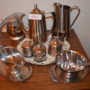 Stainless Steel Tea Set made in Japan by Oveida, Gravy bowl, Sugar, Creamer, Salt & Pepper, Tray, Jug, Sauce Bowl