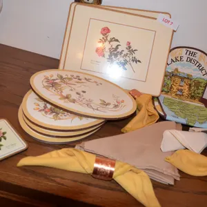 Napkin Rings, Cloth Napkins, Coasters, Place Mat, 4 Casserole Stands.
