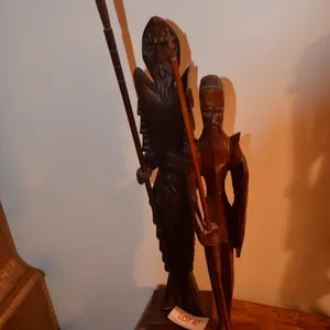 2 African Hand Carved Wooden Sculptures holding Spears