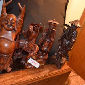 3 Hand Carved Wooden Asian Figurines and Laughing Buddha