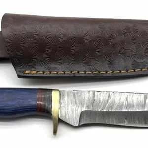 Custom Damascus Blade Knife with Colorful Wood