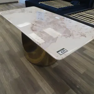 American Goose 36" x 71" Tan Marble Style, Brass Base Table.