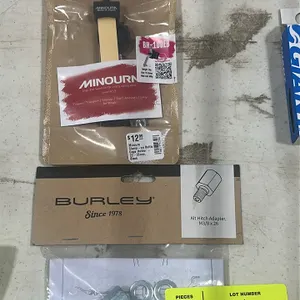 Assorted bicycle accessories. Includes Minoura BH-100EB clamp-on bottle cage holder and Burley M3/8 x 26 alt hitch adapter.