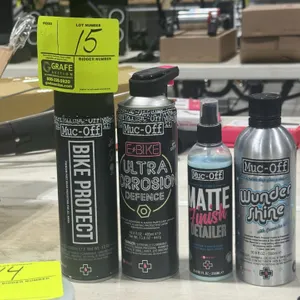 Package lot of Muc-Off bicycle care products. Includes (1) 13oz can of Bike Protect, (1) 15.8oz can of E-Bike Ultra Corrosion Defence, (1) 8.4oz bottl