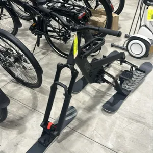 33” handle bars to ground Sno-Go downhill 3-ski snow bike. Features a black frame, front suspension fork, handlebars, and dual rear skis with foot pla