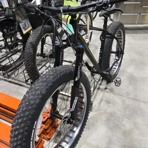 20” Frame KHS ATB 3000 fat tire bicycle. Features a black frame, Wren inverted suspension fork, front and rear disc brakes, multi-speed drivetrain, an