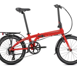 Tern Link C8 8-speed folding bicycle. Features a red and reflex silver finish and 20" wheels. Note: Item is in original packaging; stock photos used t