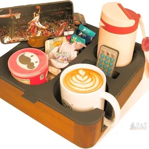 New Couch Buddy Couch Cup Holder Tray, Real Acacia Wooden Caddy with Soft Silicone, Snack and Drink Organizer- Perfect Movie Night Accessories for Bed