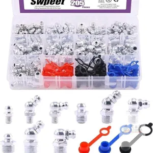 New Swpeet 206Pcs Hydraulic Fitting Kit - M6 M8 M10 Straight 45 Degree 90 Degree Angled Grease Zerks for Broken Zerk Fitting