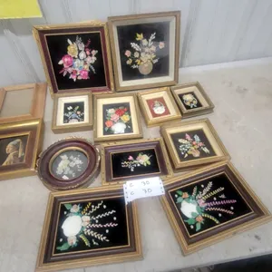 Collection of Framed Shell Art Floral Arrangements on Black Velvet and More biggest10 X 10"