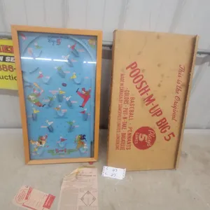 Poosh-M-Up Big 5 Tabletop Pinball Game with Original Box and Instructions Vintage 13 x 23"