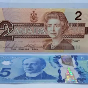 1986 Canada Two Dollar Bill and 2013 Canada Five