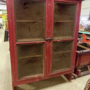 Vintage Wood Pie Safe Cabinet Red Paint, Screen