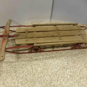 Vintage Snow Sled Wood Slat Deck, Red Metal Frame