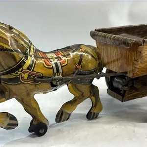 Vintage Tin Litho Toy Wind Up Horse Wagon 10 inch