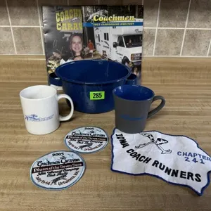 Blue enamel pot, Coachmen memorabilia, mugs,