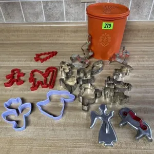 Tupperware canister, cookie cutters